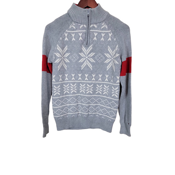Tommy Hilfiger Boys Size Large 16/18  1/4 Zip up Winter Snowflake Sweater Gray - Picture 1 of 5